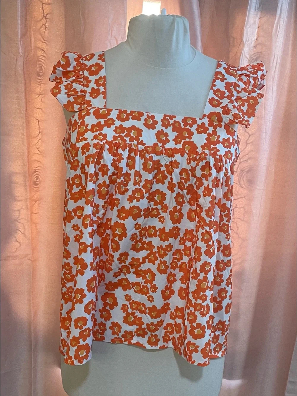 Square-Neck Floral Flutter Sleeve Blouse